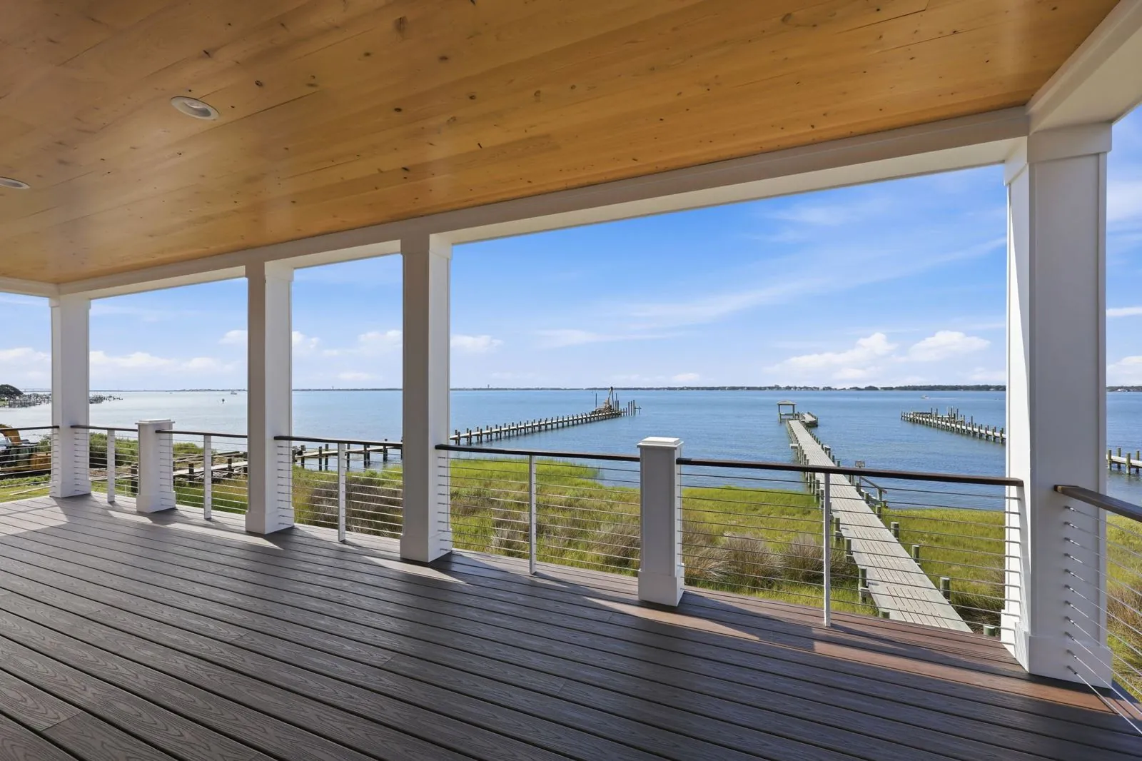Covered porch overlooking the dock and Bogue Sound